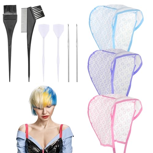 JJUNW 3-Pack Hair Highlighting Caps Kit with Needles & Brushes for DIY Hair Coloring