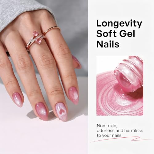 Pink Heart Soft Gel Press on Nails - Short Almond Reusable Manicure