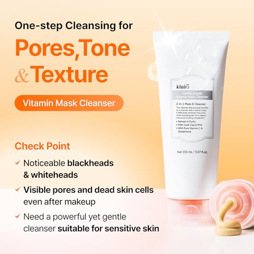 DearKlairs 5.07 Fl Oz Vitamin C Clay Mask & Cleansing Foam All-in-One, Korean Deep Pore Wash