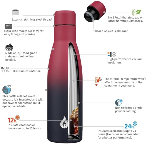 17 oz Insulated Stainless Steel Water Bottle - BPA Free, Leak Proof, Keeps Hot & Cold, Black Red