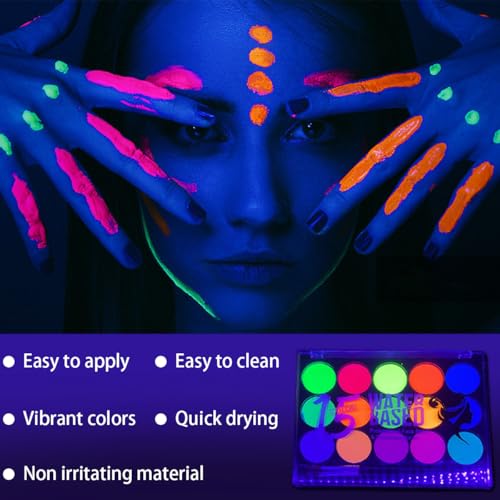 Glow UV Blacklight Face Paint Set - 15 Neon Colors for Parties
