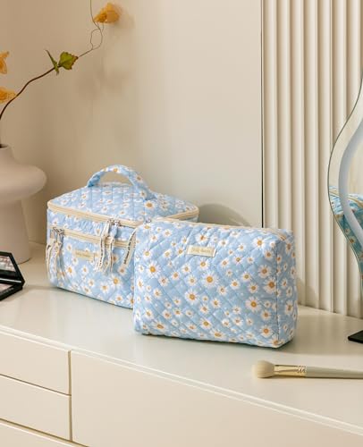 HBselect 2-Piece Quilted Floral Makeup Bag Set, Large Travel Toiletry Pouch