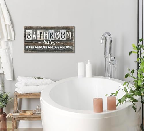 Bathroom Rules Canvas Wall Art - Rustic 8x16in Framed Decor