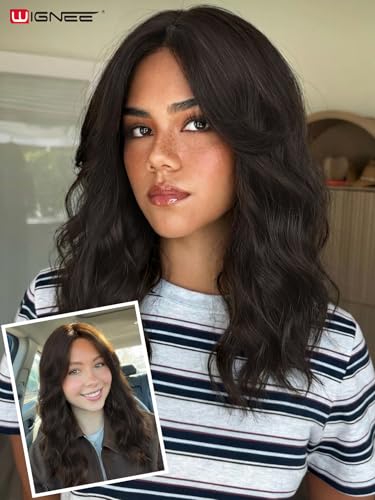 Dark Brown 14-Inch Short Wavy Wig with Bangs for Women - Realistic 4×1 Scalp