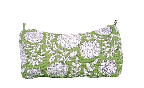 Light Green Floral Quilted Cotton Toiletry Bag for Women