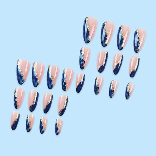 Blue Marble Gold Foil Press On Nails - Medium Almond Shape, 24 Pcs