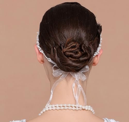 BABEYOND Silver Pearl Bridal Headpiece with Lace Ribbon