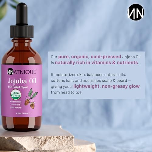 Natnique Organic Jojoba Oil – Pure Cold Pressed Skin, Hair & Nail Care (4 Oz)