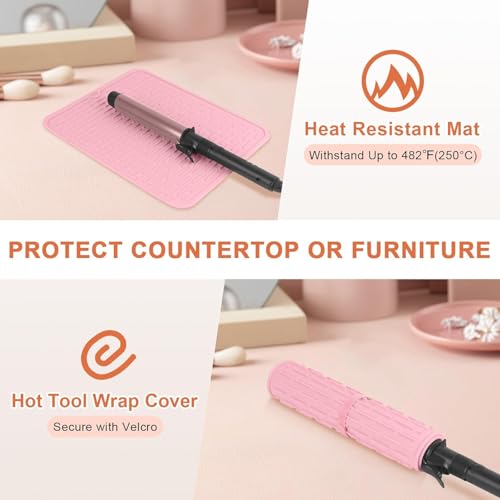 15.7" Oversize Heat Resistant Silicone Mat for Styling Tools: Curling Iron, Flat Iron, Hair Straightener - Portable Hair Styling Pad Cover Pink