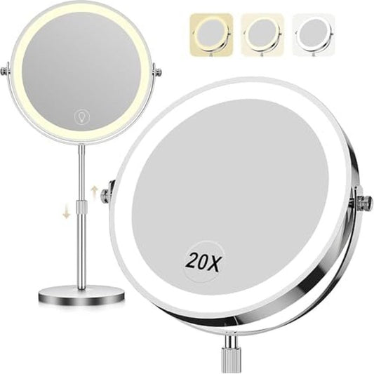 Dienmern Makeup Mirror with Lights, 1X/20X Double-Sided Magnifying Vanity Mirror, 360¡Æ Rotation, 5000mAh Rechargeable Adjustable Brightness with 3 Colors for Dorm, Living Room, Women Gift