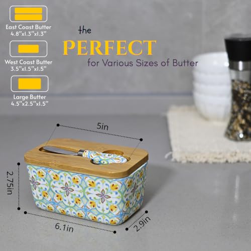 Boho Ceramic Butter Dish with Lid & Knife - 16oz Capacity