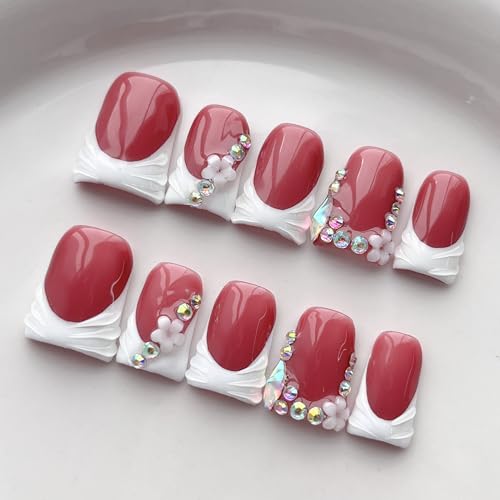 BRKYKGK Short Duck Press on Nails M - 10Pcs White Floral Acrylic
