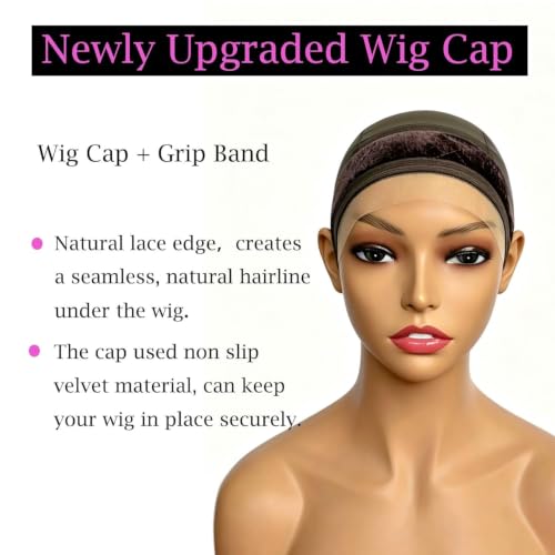 Prudenp Lace Edges Wig Cap with Grip Band Brown - Reusable No-Slip Adjustable Hair Cap