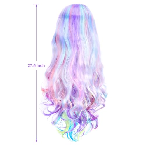 Long Curly Rainbow Hair Wig | 27.56 Inch Heat Resistant for Cosplay & Parties