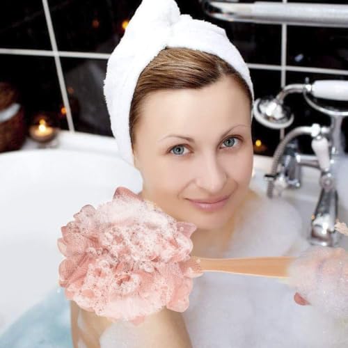 Pink Loofah with Handle - Cute Exfoliating Shower Sponge & Bath Brush for Women & Girls