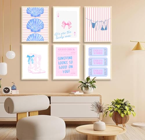 Coastal Cowgirl Wall Art Set - 6 Unframed Blue & Pink Prints