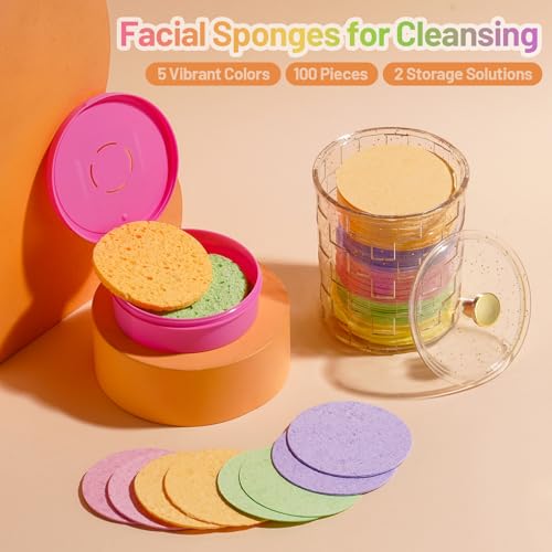 100 Count Gentle Exfoliating Facial Sponges - Reusable Cotton Pads for Cleansing & Makeup Removal
