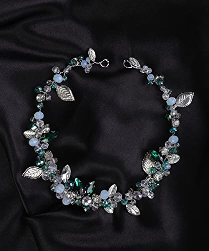 Denifery Bridal Hair Vine Headband with Green Crystals & Rhinestones