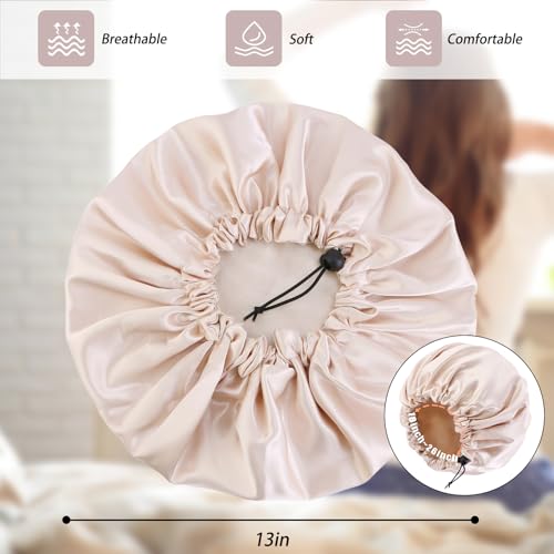 Edoneery Champagne Satin Double Layer Sleep Bonnet for Women, Adjustable Hair Cap
