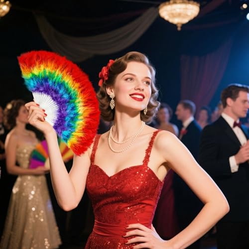 Rainbow Feather Hand Fan - 20-Inch Folding Fan for Festivals & Parties