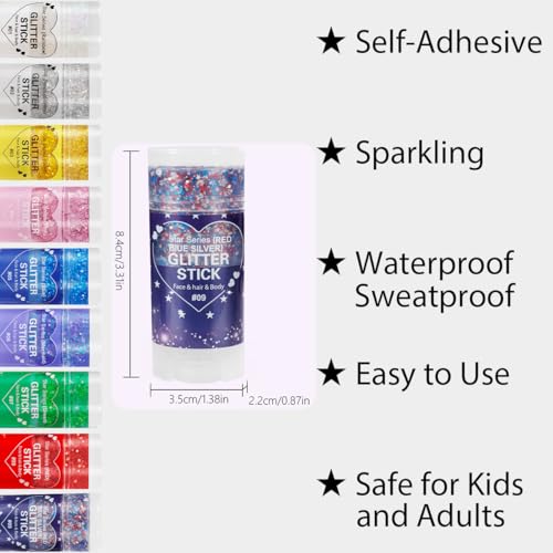 Mysense Patriotic Red White and Blue Body Glitter Stick,4th of July Accessories,Sparkling Face Hair Glitter for 4th of July Outfits Women Kids,American Flag Makeup for Independence Day 250 Anniversary