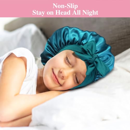 Heniho Satin Bonnets for Girls - Teal & Purple, Curly Hair Sleep Caps with Scrunchies, Adjustable, Kids Hair Care