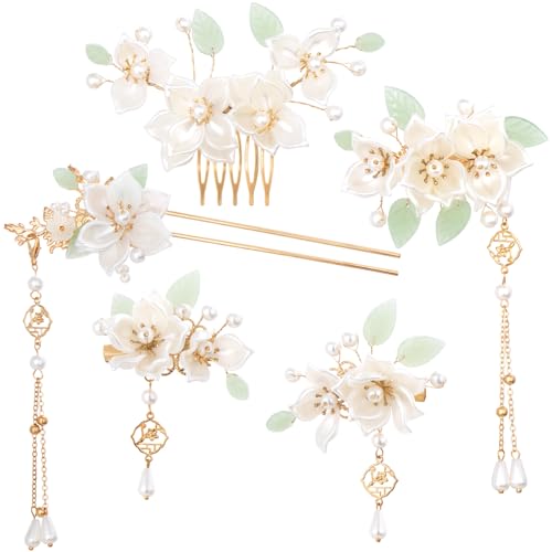 Camellia 5pcs White Flower Tassels Hairpins for Women Wedding Pearl Headpiece
