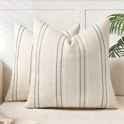Set of 2 18x18 Decorative Linen Blend Throw Pillow Covers - Beige Striped