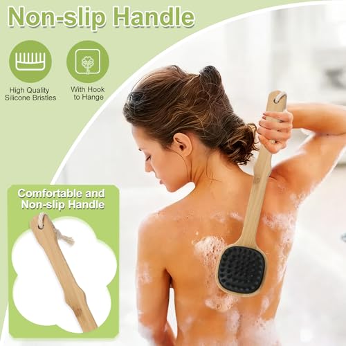 QEYMN Black 1pcs Silicone Back Scrubber with Long Bamboo Handle - Dual-Sided Shower Brush for Exfoliation & Massage