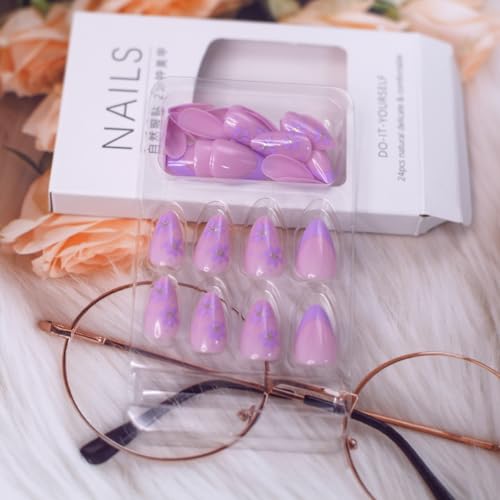 30 Pcs Purple Flower French Tip Press On Nails - Acrylic Almond Shape