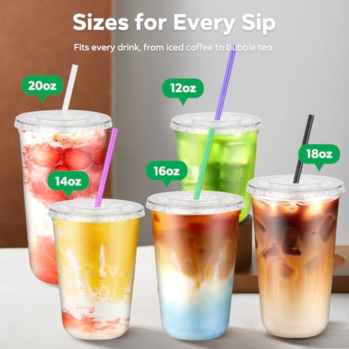 25 Pack 12 oz Clear Disposable Plastic Cups with Lids & Straws