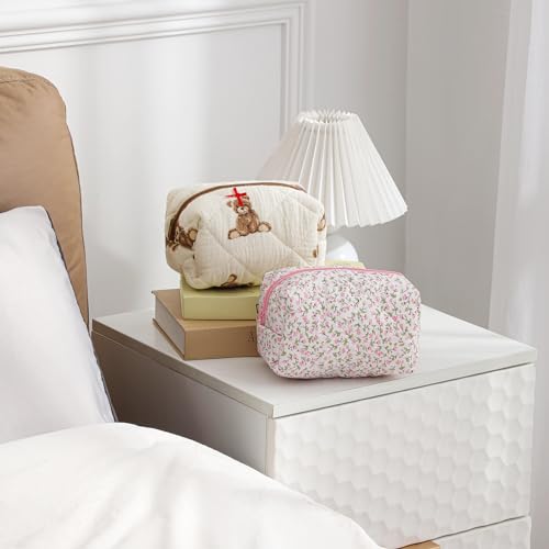 Cute Quilted Cotton Makeup Bag - Small Travel Cosmetic Organizer with Bear & Flower Design