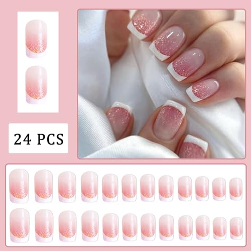 YUEJIMEIGUI Glitter French Tip Short Square Press On Nails 24pcs - Pink & Gold