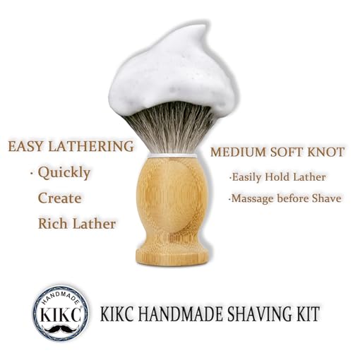KIKC Hand Crafted Pure Badger Shaving Brush for Wet Shave, Comfortable Bamboo Handle, Soft Bristle, Best Gift for Bearded Man