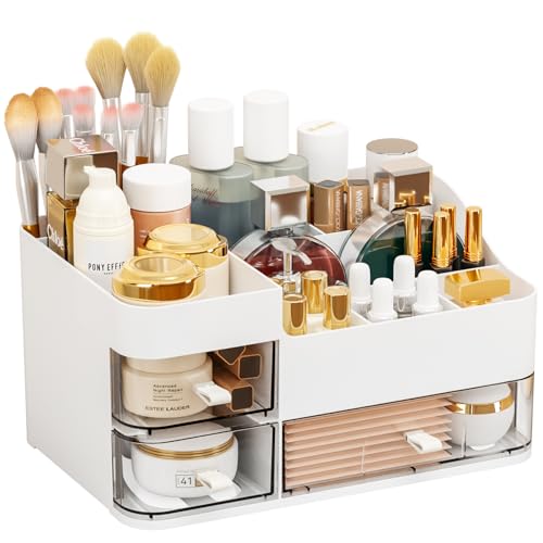 SuoXing Large White Makeup Organizer with 3 Drawers & Top Compartments