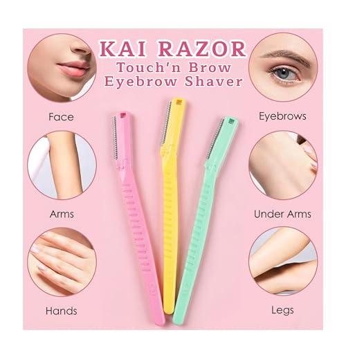 Kai Touch n Brow Eyebrow Razor for Women, 3 Count (Pack of 2), Facial Razor & Dermaplaning Tool with Safety Guard, Peach Fuzz Remover & Precision Brow Trimmer