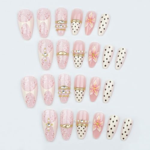 24Pcs Pink Flower Press-On Nails with 3D Gems & French Tips