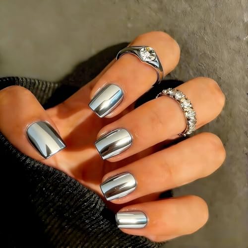 SXVME Short Square Metallic Silver Press-On Nails with Sparkle Mirror Finish, 30 Pcs - Variation: Square-Silver