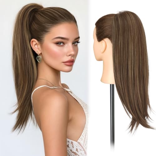 SOFEIYAN 20-Inch Straight Drawstring Ponytail Extension - Brown Mixed Blonde