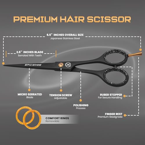 Epic Edge 6.5” Professional Hair Cutting Scissors - High Carbon Stainless Steel Barber & Salon Shears