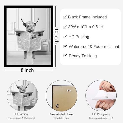 Funny Highland Cow Wall Art Set of 3 - Rustic Bathroom Decor