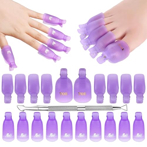 Purple Nail Art Soak Off Clips & Cuticle Pusher Set - Reusable Gel Polish Remover