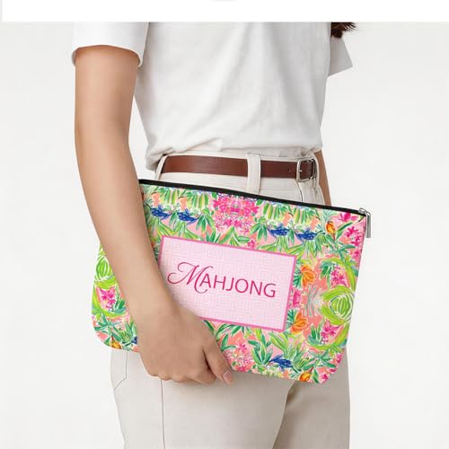 Blue Leaves Mahjong Tile Bag - Portable Canvas Carrying Case for Tiles