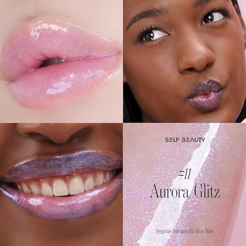 SELF BEAUTY Veganize Collagen Lip Glass Balm in Aurora Glitz - Hydrating Lip Gloss with Hyaluronic Acid for Moisturizing Dry Lips