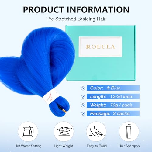 Roeula Electric Blue Pre-Stretched Braiding Hair 18 Inch - 3 Packs