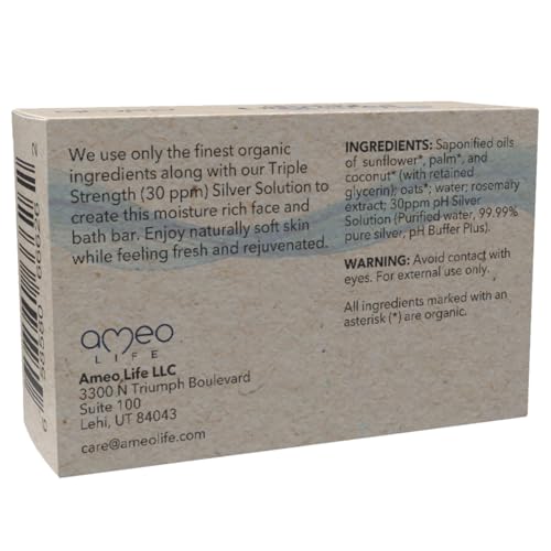 Ameo Life Unscented Colloidal Silver Soap Bar 4oz - Gentle Cleanser