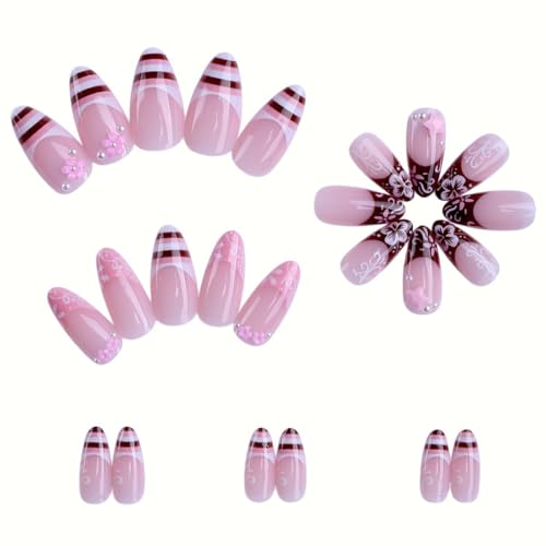 Medium Almond Press-On Nails with French Tips & 3D Design - 24 Pcs