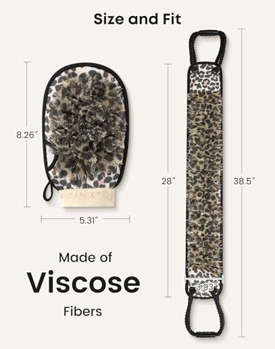 Eaxun Leopard Back Scrubber and Mitt Set - Medium, Long Reach Shower Exfoliating Bath Tool