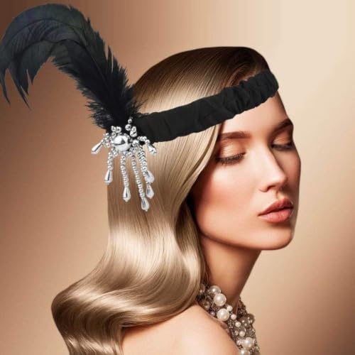 Tongcloud Black 12pc 1920s Flapper Headband Feather Vintage Costume Headpiece