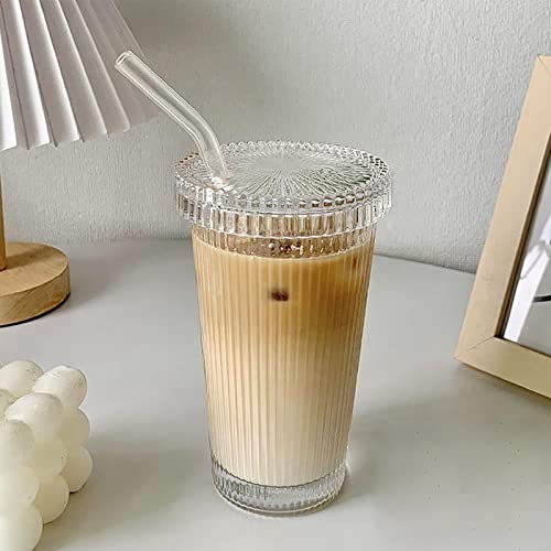 YAHUIPEIUS 12.5 oz Stripe Glass Tumbler with Lid & Straw